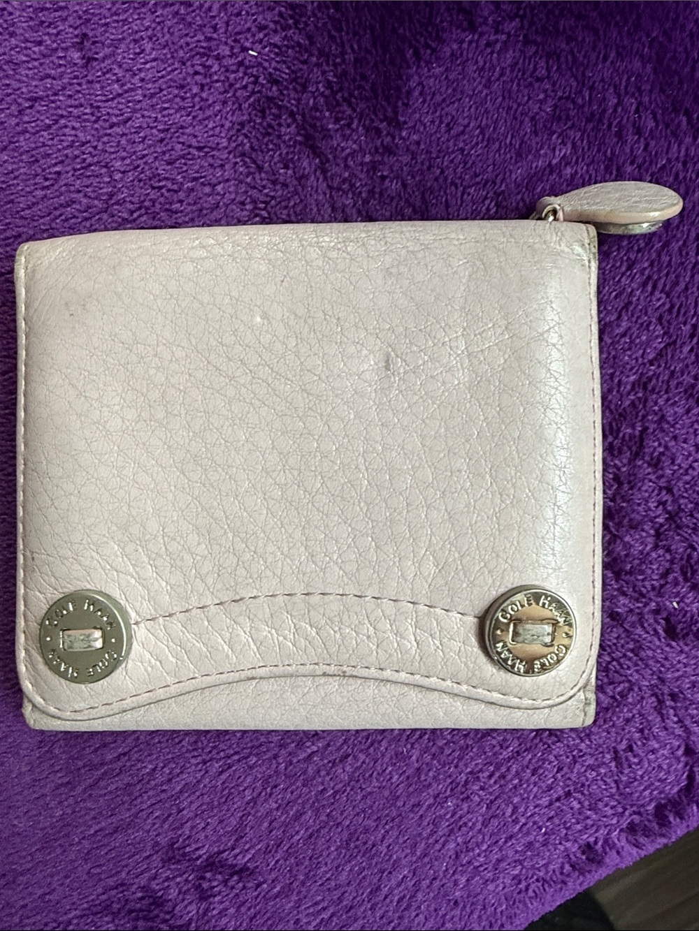 Cole Haan Pebble Leather snap Wallet in pink with zipper coin case